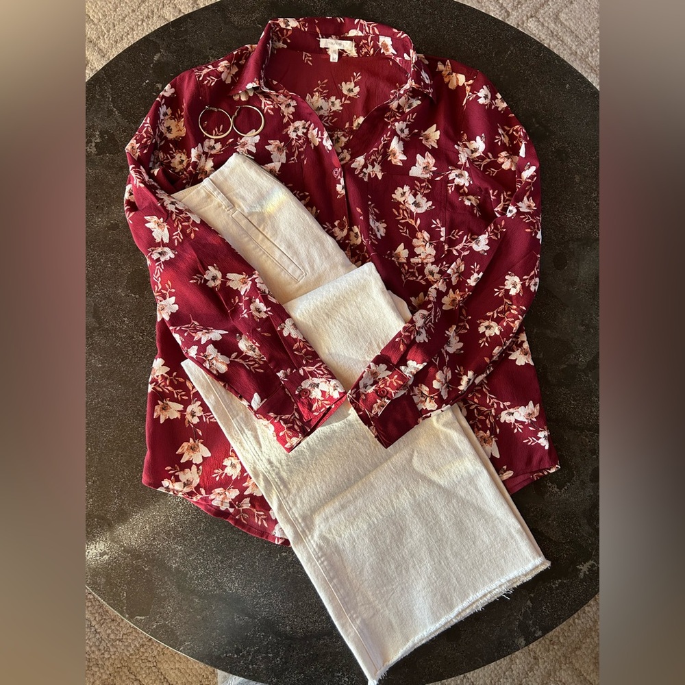 Maurices | Floral Burgundy Button Down Blouse